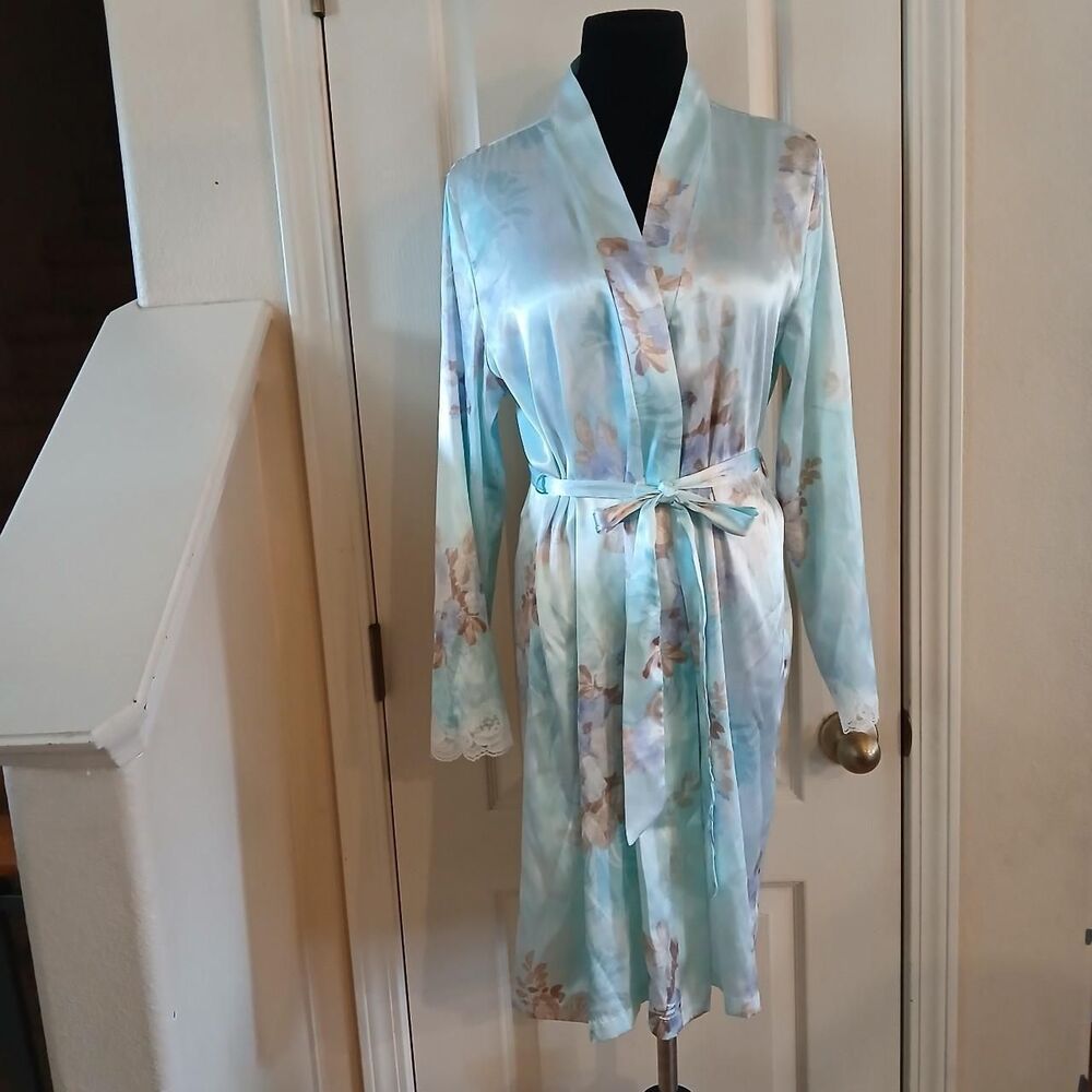 Y2K 90s Style Blue Floral Satin Robe Lace Trim Long Sleeves M Coquette Regency